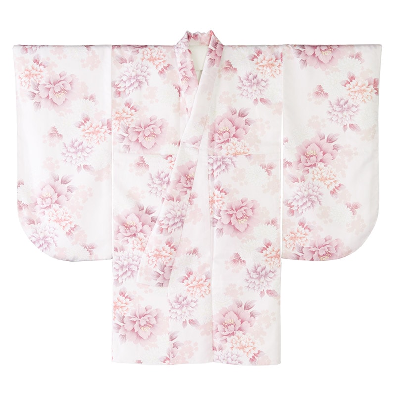 二尺袖着物 ポリ ショート丈 小紋 コーラルピンク 牡丹とダリア 裄180 中国製 
