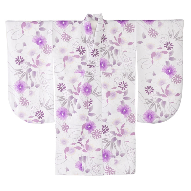 二尺袖着物 ポリ ショート丈 小紋 パープル 四季の花 裄180 中国製 