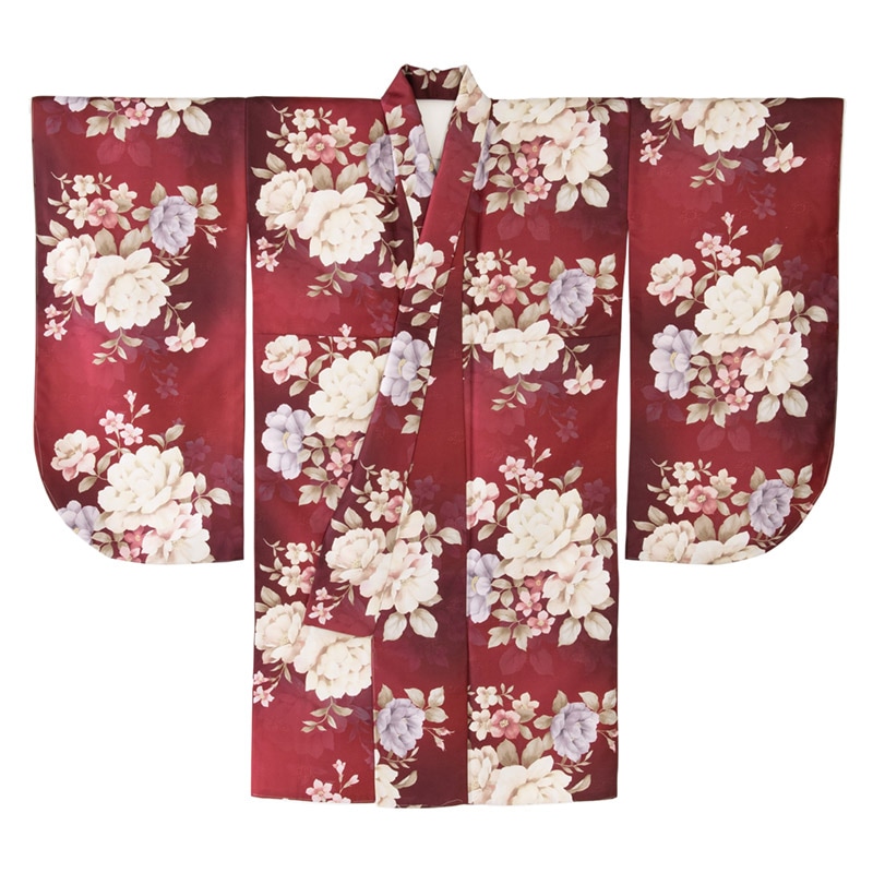 二尺袖着物 ポリ ショート丈 小紋 エンジ 芍薬 裄180 中国製
