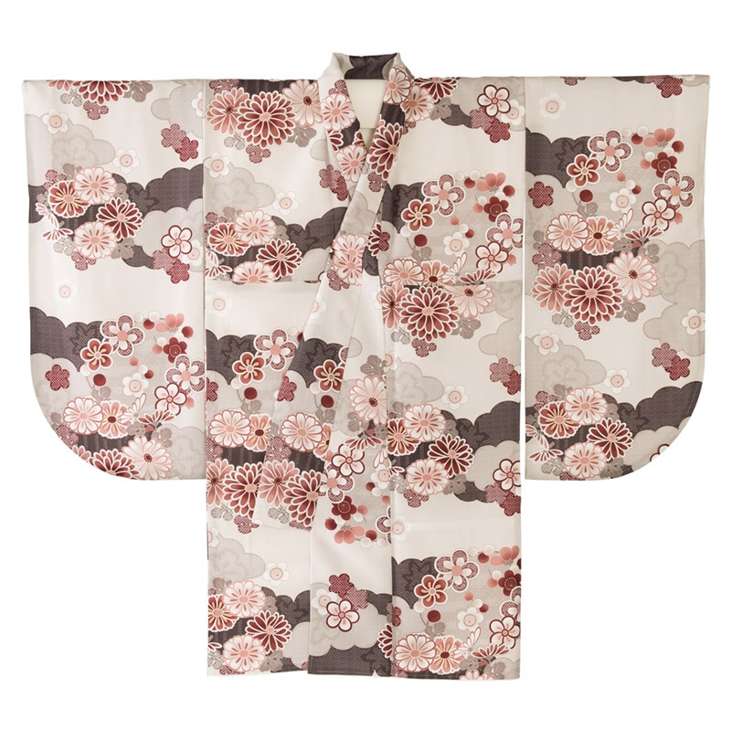 二尺袖着物 ポリ ショート丈 小紋 ベージュ 雲取と四季の花 裄180 中国製