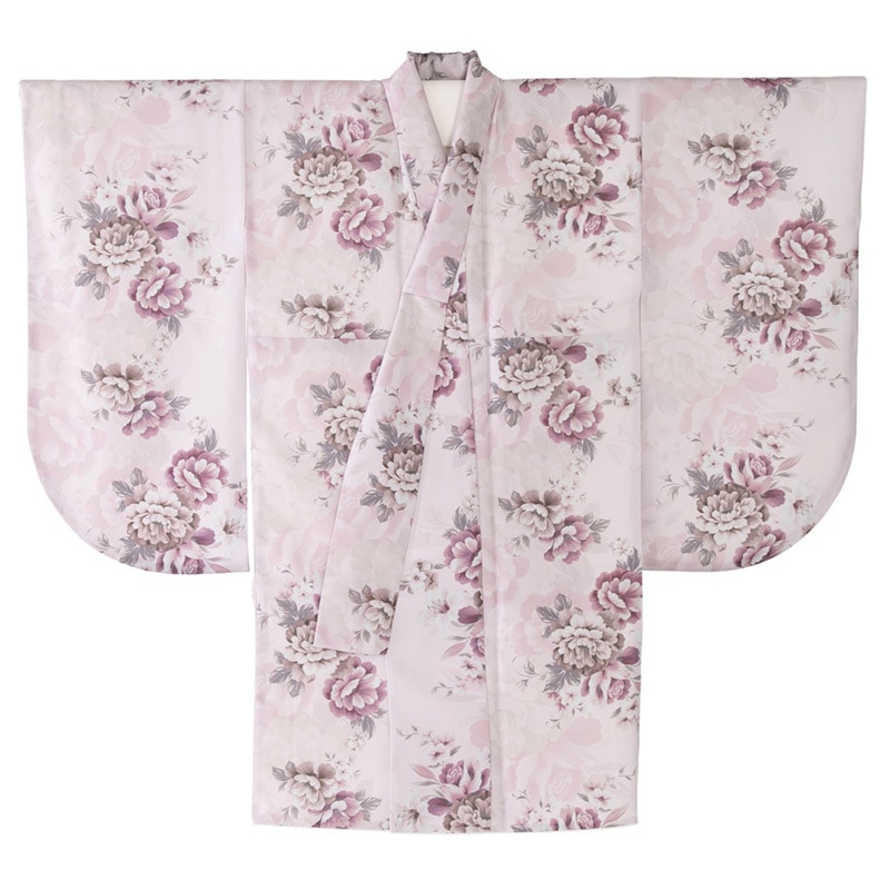二尺袖着物 ポリ ショート丈 小紋 くすみピンク 芍薬 裄180 中国製