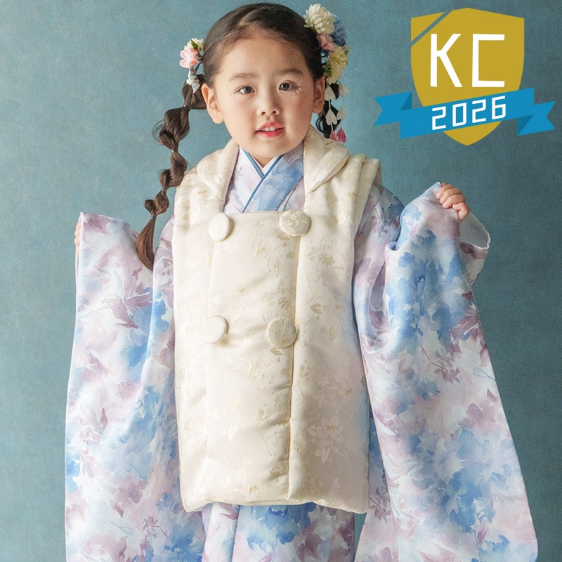 女の子被布セット 青水花・クリーム 3才 中国製