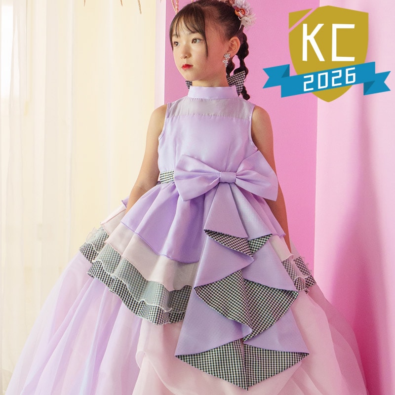 子供ロングドレス 紫/ギンガム黒白 120cm 中国製