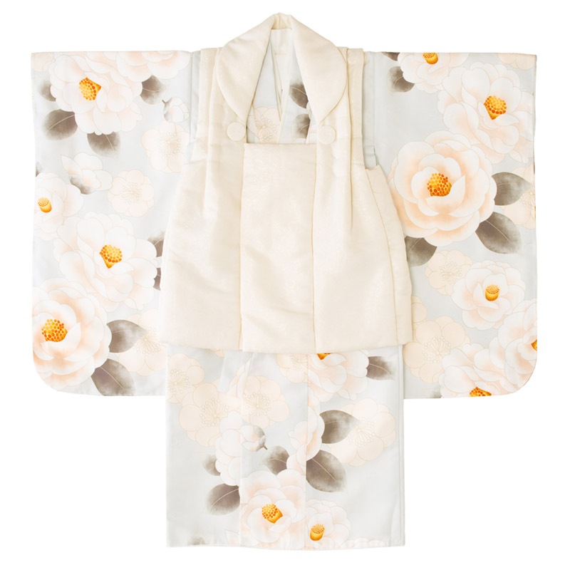 女の子被布セット ポリ グレー・オフ白 椿と梅 3才 中国製