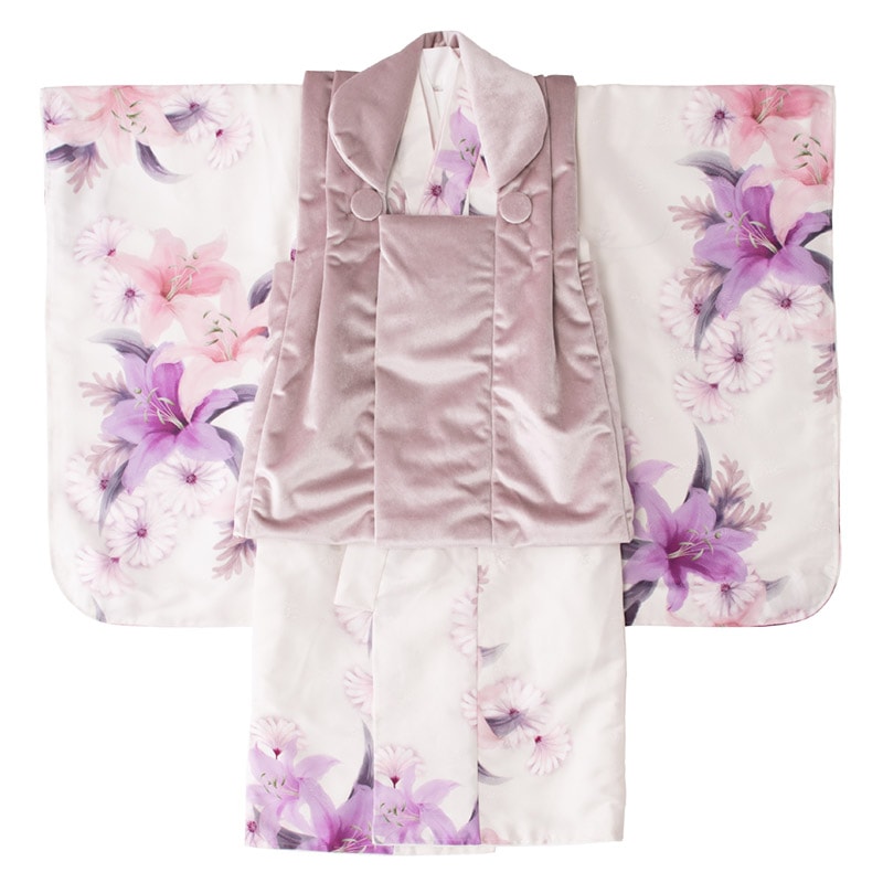 女の子被布セット ポリ 白 ピンクゆり・ピンクベロア 3才 中国製