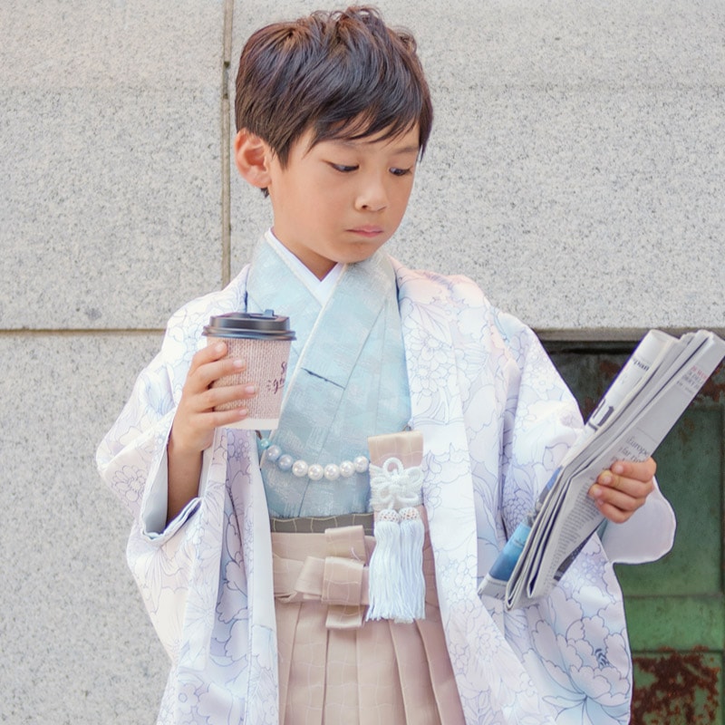 男の子羽織袴セット ポリ パープルグレー大花 数5才 55cm 難物 中国製