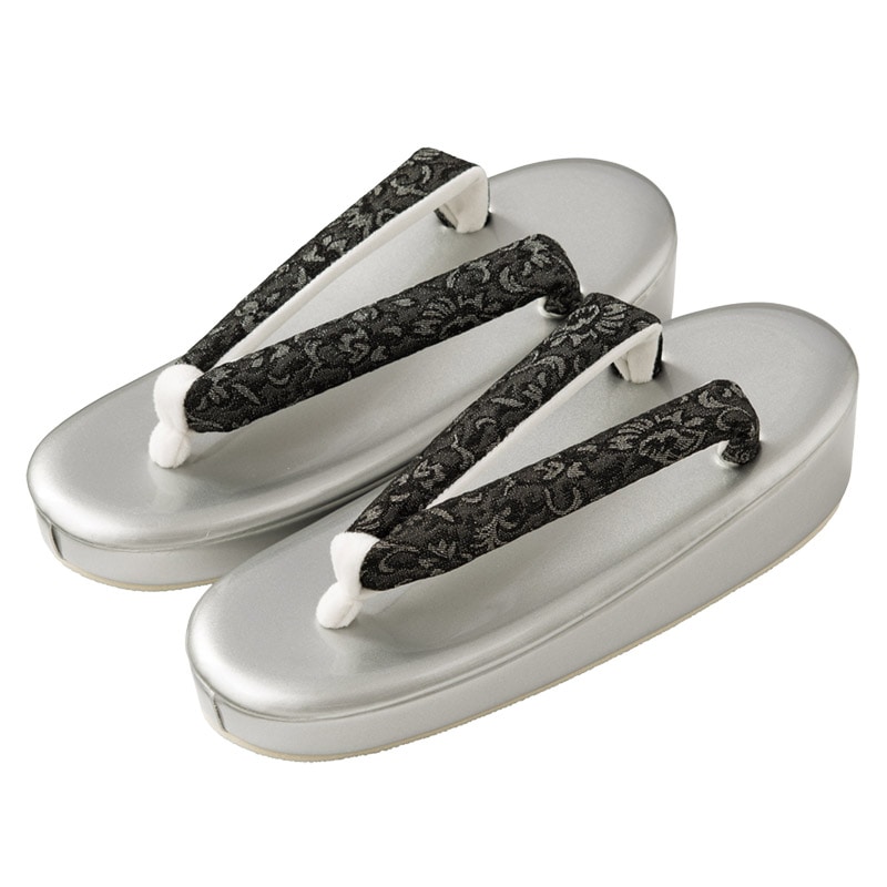 女の子草履 銀/黒 ラメ入り更紗模様 中国製