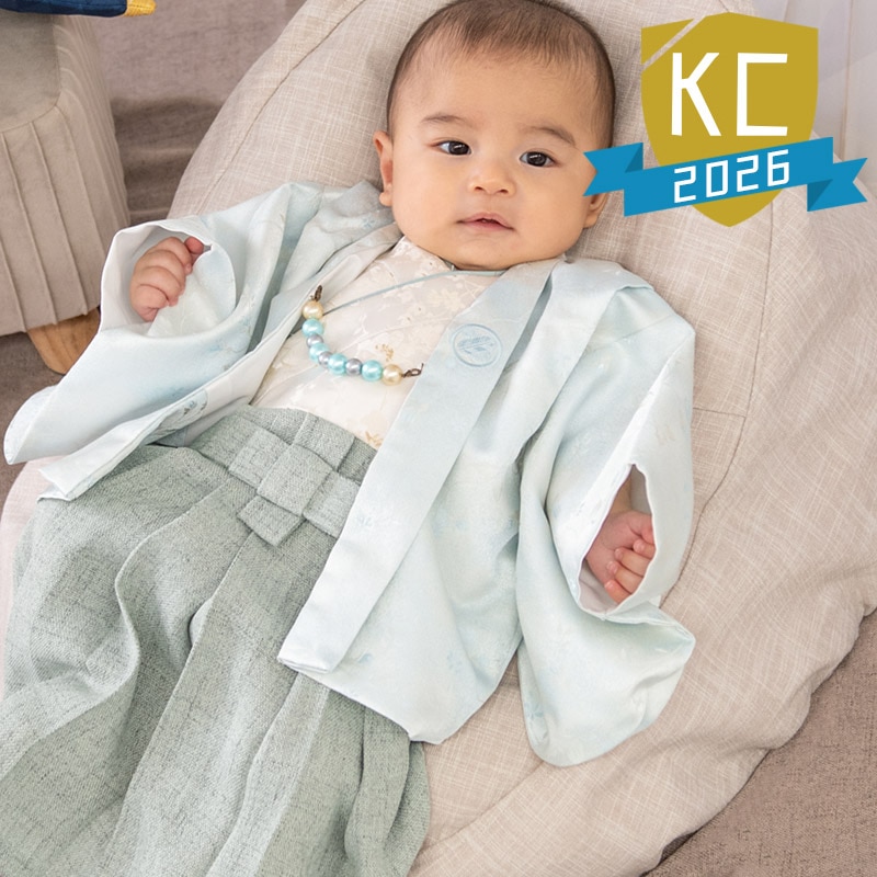 男の子羽織袴セット 薄水色･クリーム 一体型 100日-1才 中国製