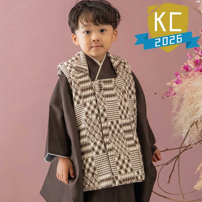 男の子被布セット ポリ 濃茶・茶パネルチェック 3才 難物 中国製