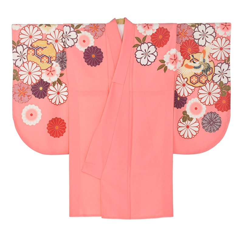 二尺袖着物 ポリ 絵羽 ピンク 雪輪に鶴と四季の花 裄180 ショート丈 中国製