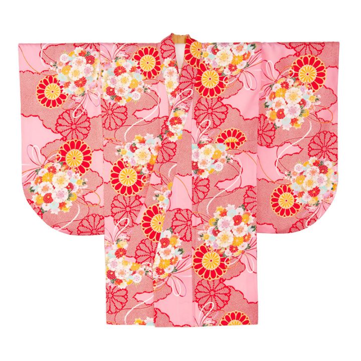 二尺袖着物 ポリ 絵羽 ピンク 雲取りに花手鞠 裄180 ショート丈 中国製