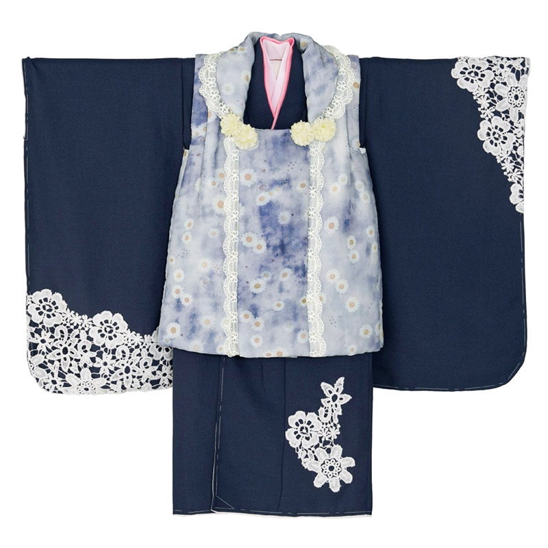 女の子被布セット 紺・小花ムラ染青 3才 中国製