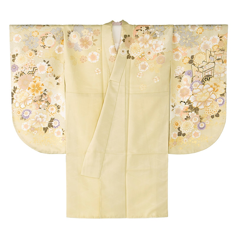 二尺袖着物 ポリ 絵羽 薄黄緑 御所車と雪輪に鞠 裄180 ショート丈 中国製