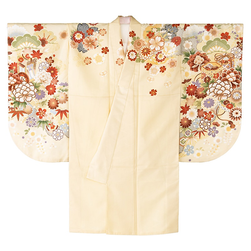 二尺袖着物 ポリ 絵羽 アイボリー 貝桶と御所車に松竹梅 裄180 ショート丈 中国製