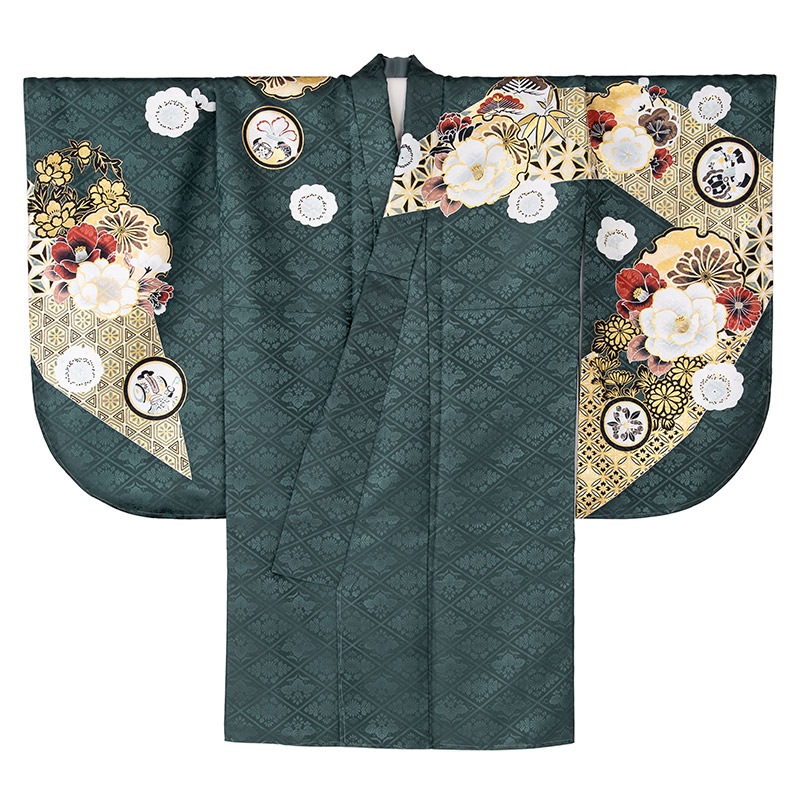 二尺袖着物 ポリ 絵羽 深緑 江戸切子に四季の花 裄180 ショート丈 中国製