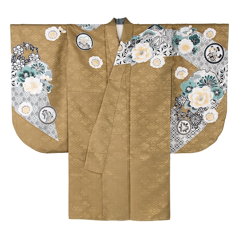 二尺袖着物 ポリ 絵羽 黄土色 江戸切子に四季の花 裄180 ショート丈 中国製