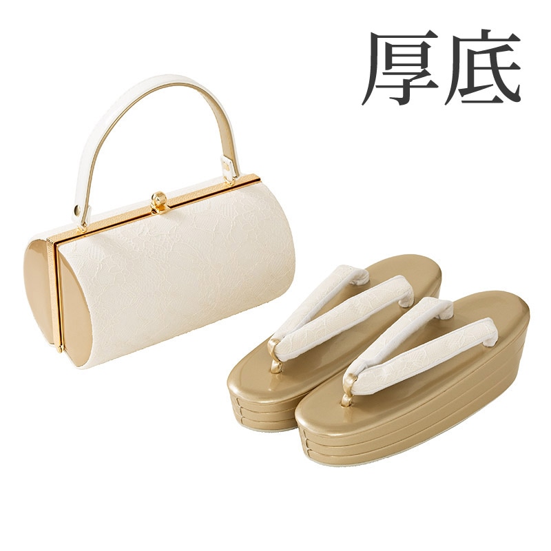 草履バッグセット 金/オフ白 シフォンレース 厚底 中国製