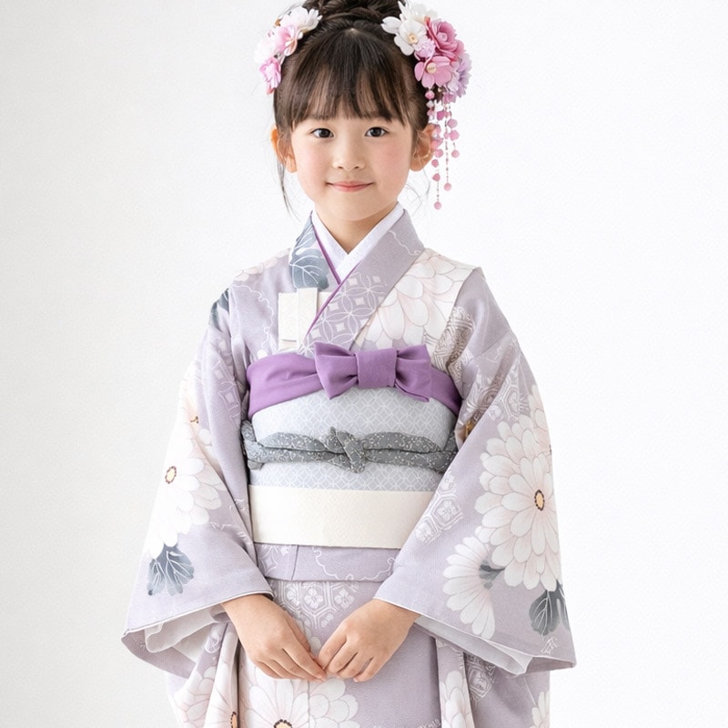 女の子着物帯セット ポリ 小紋 薄紫 菊 7才 中国製