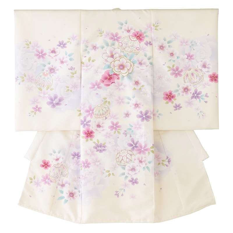 女の子初着 ポリ オフ白 淡紫 花とまり