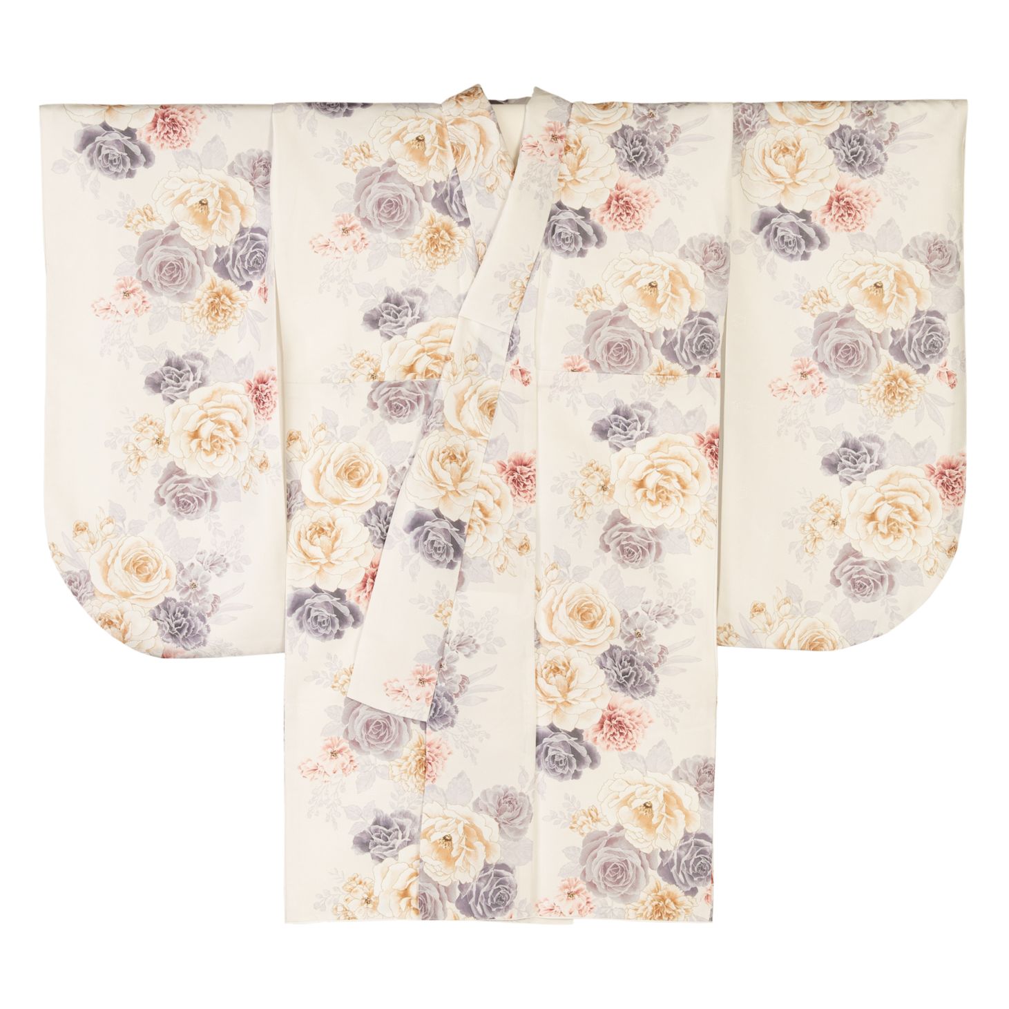 二尺袖着物 ポリ 小紋 パールホワイト バラ 裄180 ショート丈 中国製 