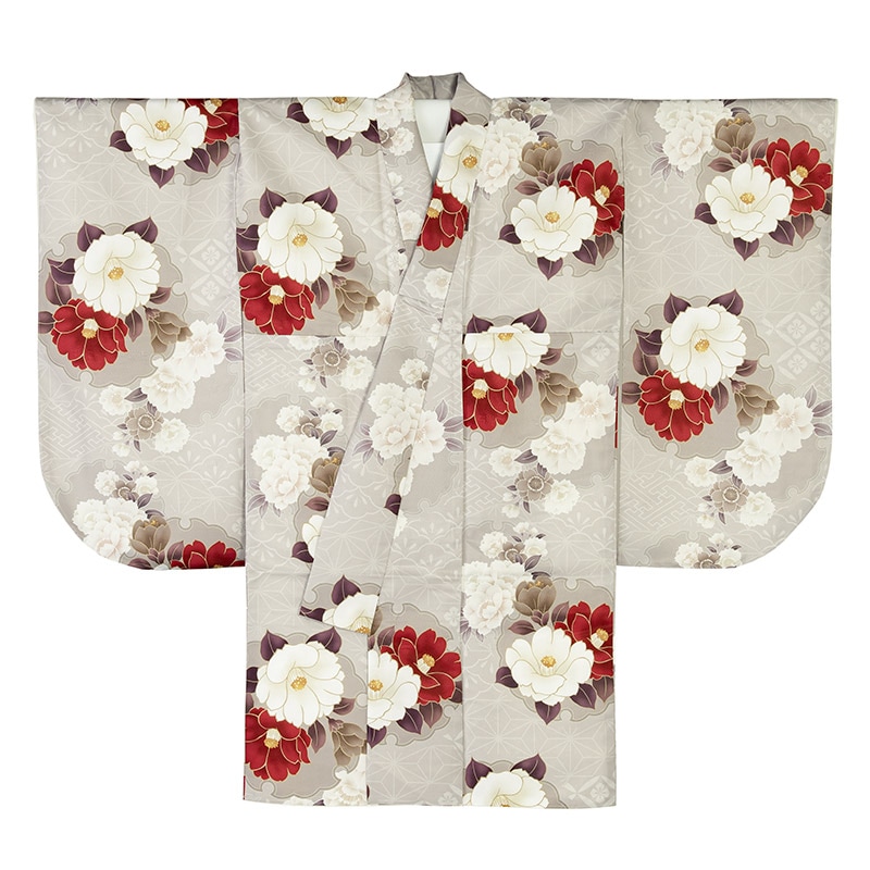 二尺袖着物 ポリ 小紋 モカベージュ 椿 裄180 ショート丈 中国製 