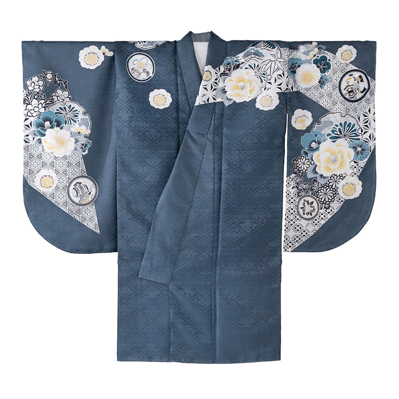 二尺袖着物 ポリ 絵羽 紺グレー 江戸切子に四季の花 裄180 ショート丈 中国製