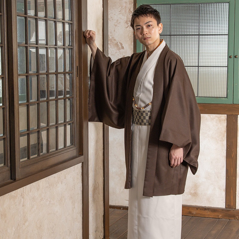 殿方羽織着物セット ポリ 茶・ライトグレー L寸 難物 中国製