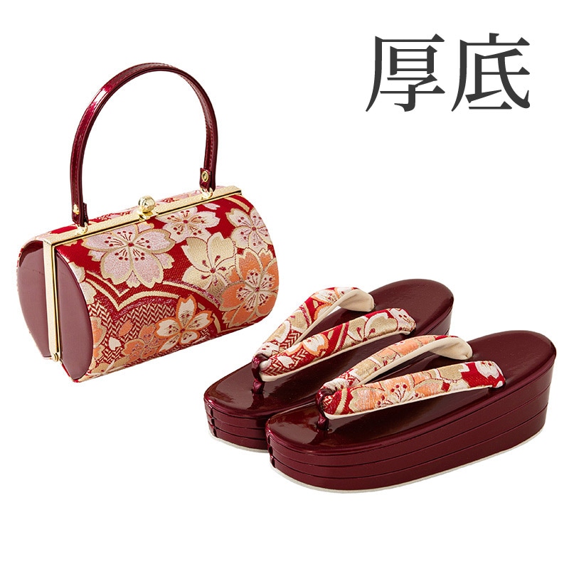草履バッグセット エンジ/赤 佐賀錦 厚底 L寸 中国製