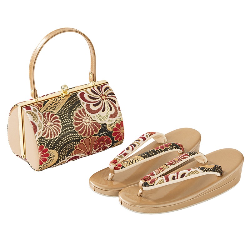 草履バッグセット 金/黒 佐賀錦 ねじり梅 L寸 中国製