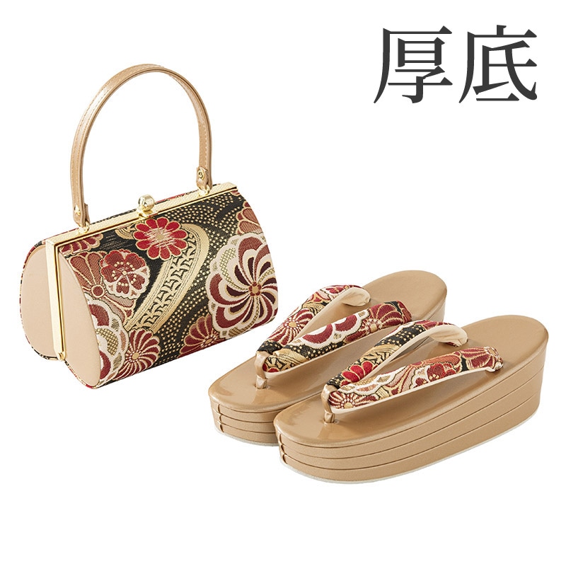 草履バッグセット 金/黒 佐賀錦 ねじり梅 厚底 L寸 中国製