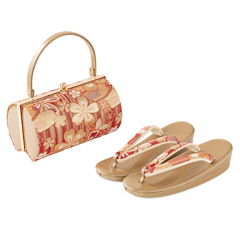 草履バッグセット 振袖用 佐賀錦 金/赤 竹に桜 中国製