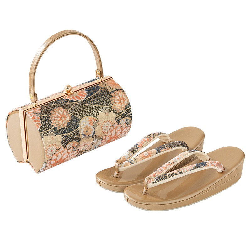 草履バッグセット 振袖用 佐賀錦 金/紺 牡丹 中国製