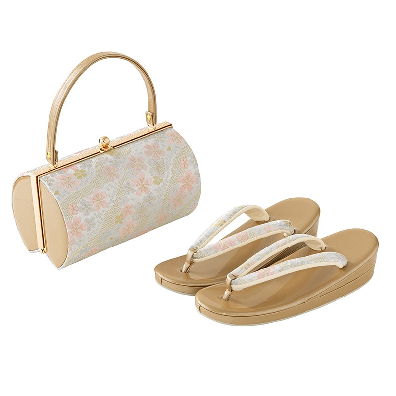 草履バッグセット 振袖用 佐賀錦 金/銀 桜 中国製