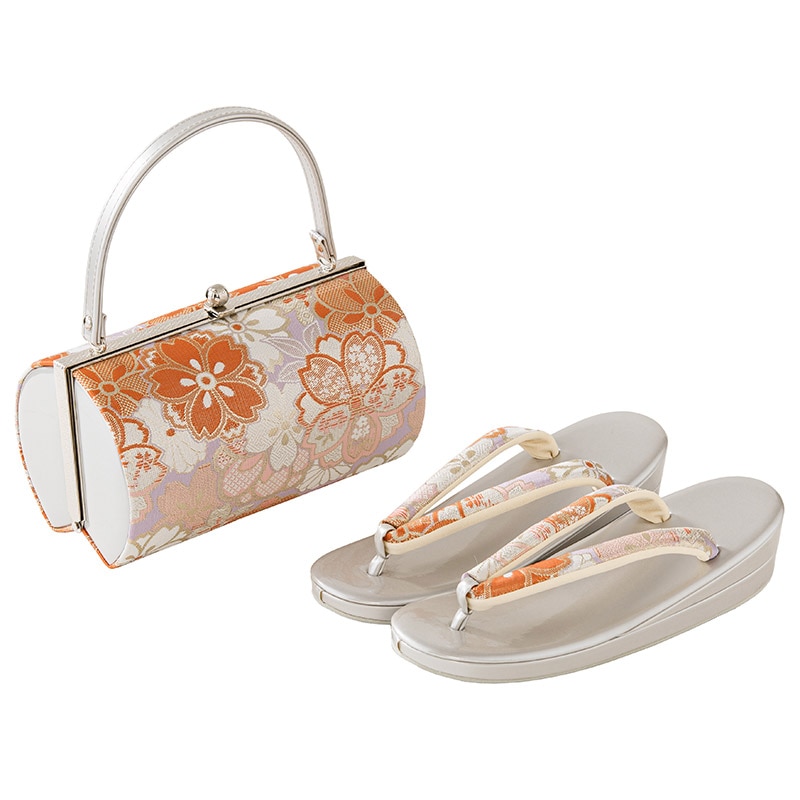 草履バッグセット 振袖用 佐賀錦 銀/紫 桜 中国製