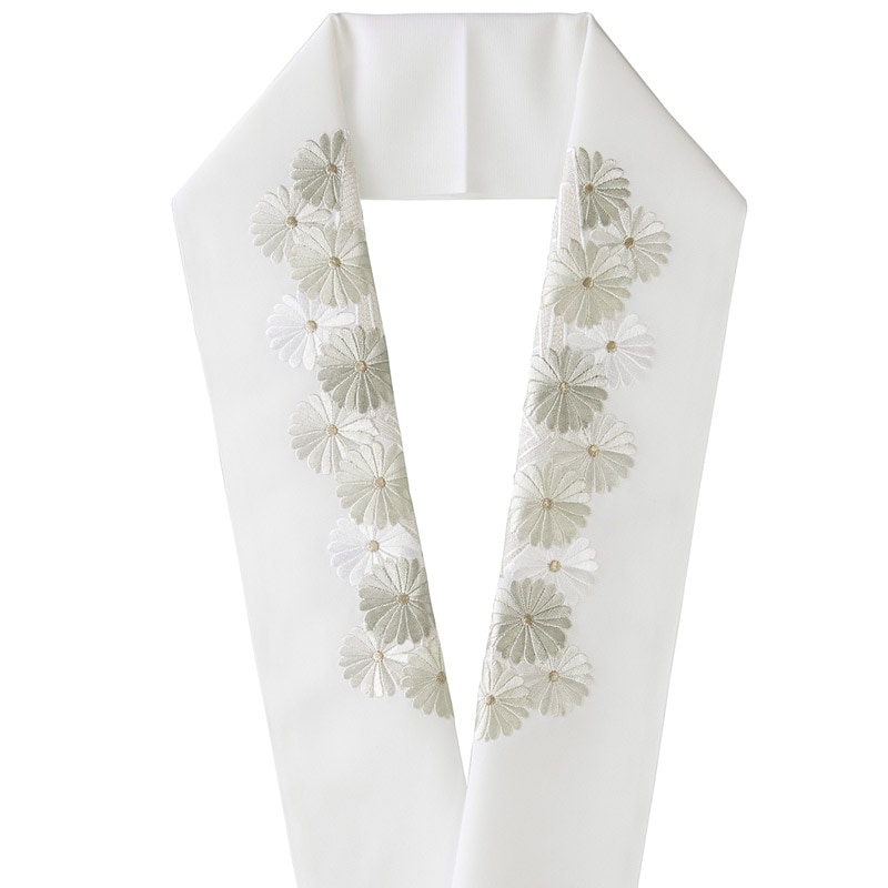 刺繍衿 ポリ 幾何バラ菊紋 白/銀