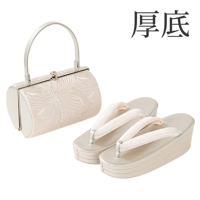 草履バッグセット 織地 銀 百合 厚底 中国製