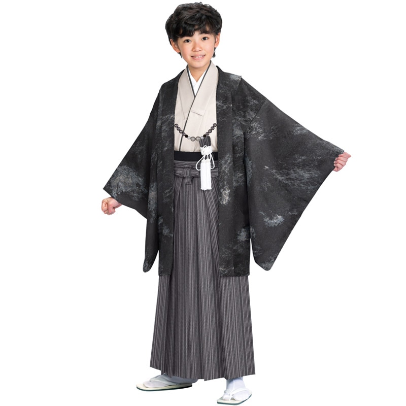 ジュニア男羽織袴セット ポリ 黒銀・グレー 難物 中国製 | ジュニア