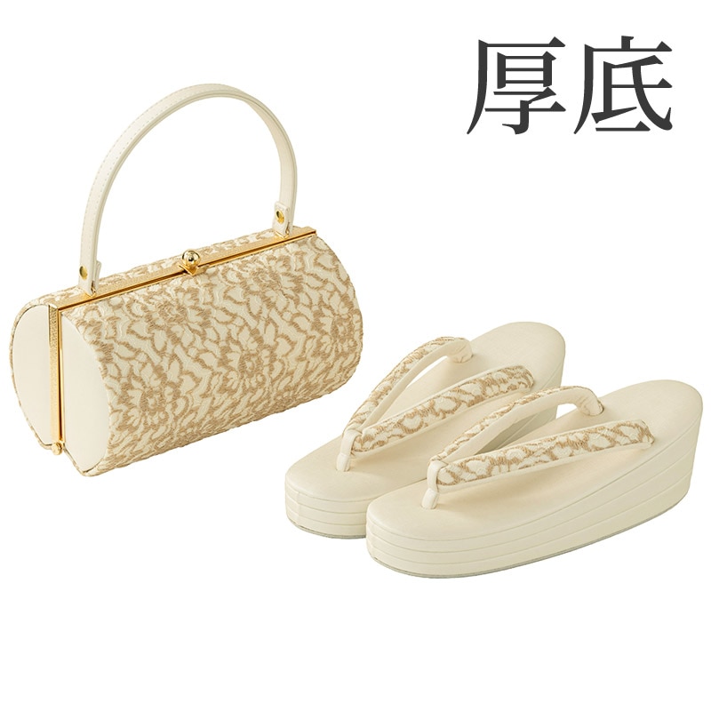 草履バッグセット 織生地 白/ベージュ 厚底L(F)寸