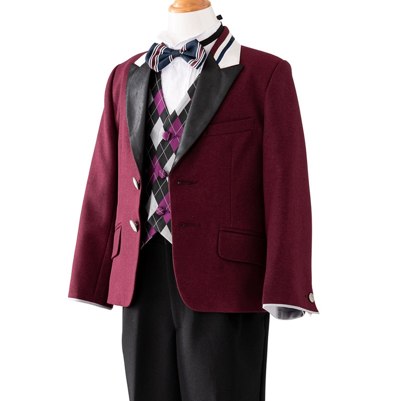 男の子礼服 ワイン/アーガイル 蝶タイ付 110cm サンプル品 ベトナム製