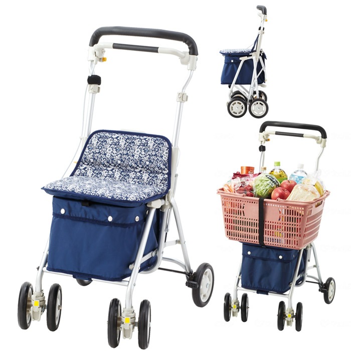 シルバーカー 軽量 座れる 買い物かご ヘルスバッグライトミニM 紺