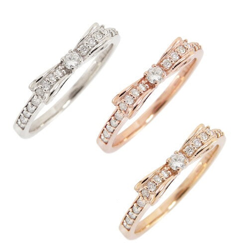 ピンキーリング ダイヤモンド 指輪 リボン リング 0.2ct 10金 イエロー ピンク ホワイトゴールド ミディリング ファランジリング ミル打ち