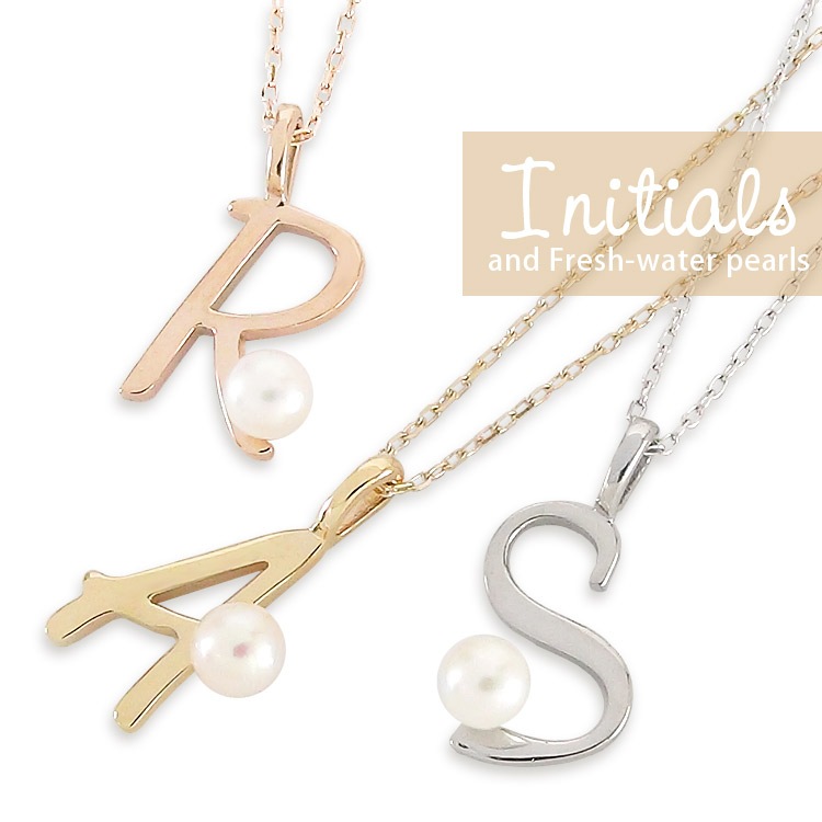 イニシャル ネックレス パール 一粒 10金 イエロー ピンク ホワイトゴールド ネーム アコヤ真珠 ペンダント 重ねづけ チェーン レディース