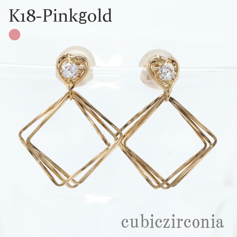 ハート スクエア 四角 キュービックジルコニア K18ゴールド K18ピンクゴールド キャッチ付き ポイント消化 レディース ジュエリー