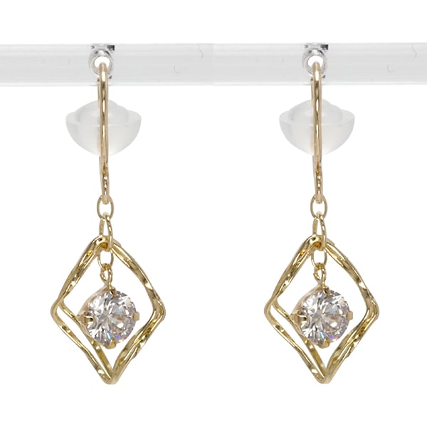 ピアス レディース ジュエリー キュービックジルコニア フックピアス 四角 ひし形 スクエア 18金 イエローゴールド 揺れる キャッチ付き