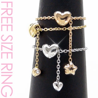 指輪 リングチェーンリング ハート フリーサイズ ピンキーリング 18金 イエロー ピンク ホワイトゴールド 刻印 レディース ジュエリー