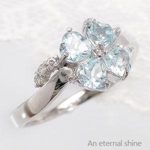 ピンキーリング クローバー 四葉 アクアマリン ダイヤモンドリング 0.04ct 18金 イエロー ピンク ホワイトゴールド 小指 ファランジリング