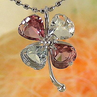 ペンダント クローバー 四葉 トップ ピンクトルマリン アクアマリン ホワイトゴールド 3月誕生石 10月誕生石 パワーストーン レディース