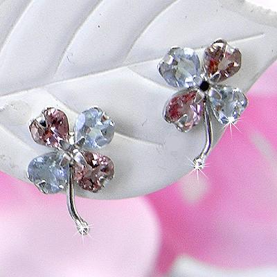 ピアス 14金 四葉よつば クローバー アクアマリン ピンクトルマリン 誕生石 K14ホワイトゴールド スタッド レディース ジュエリー