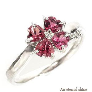 K18 ピンキーリング 四葉 クローバー ピンクトルマリン ダイヤモンド 0.04ct イエローゴールド ピンクゴールド ホワイトゴールド 小指