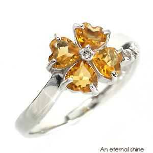 ピンキーリング 四葉 クローバー シトリントパーズ 11月誕生石 ダイヤモンド リング 0.04ct 18金 イエロー ピンク ホワイトゴールド